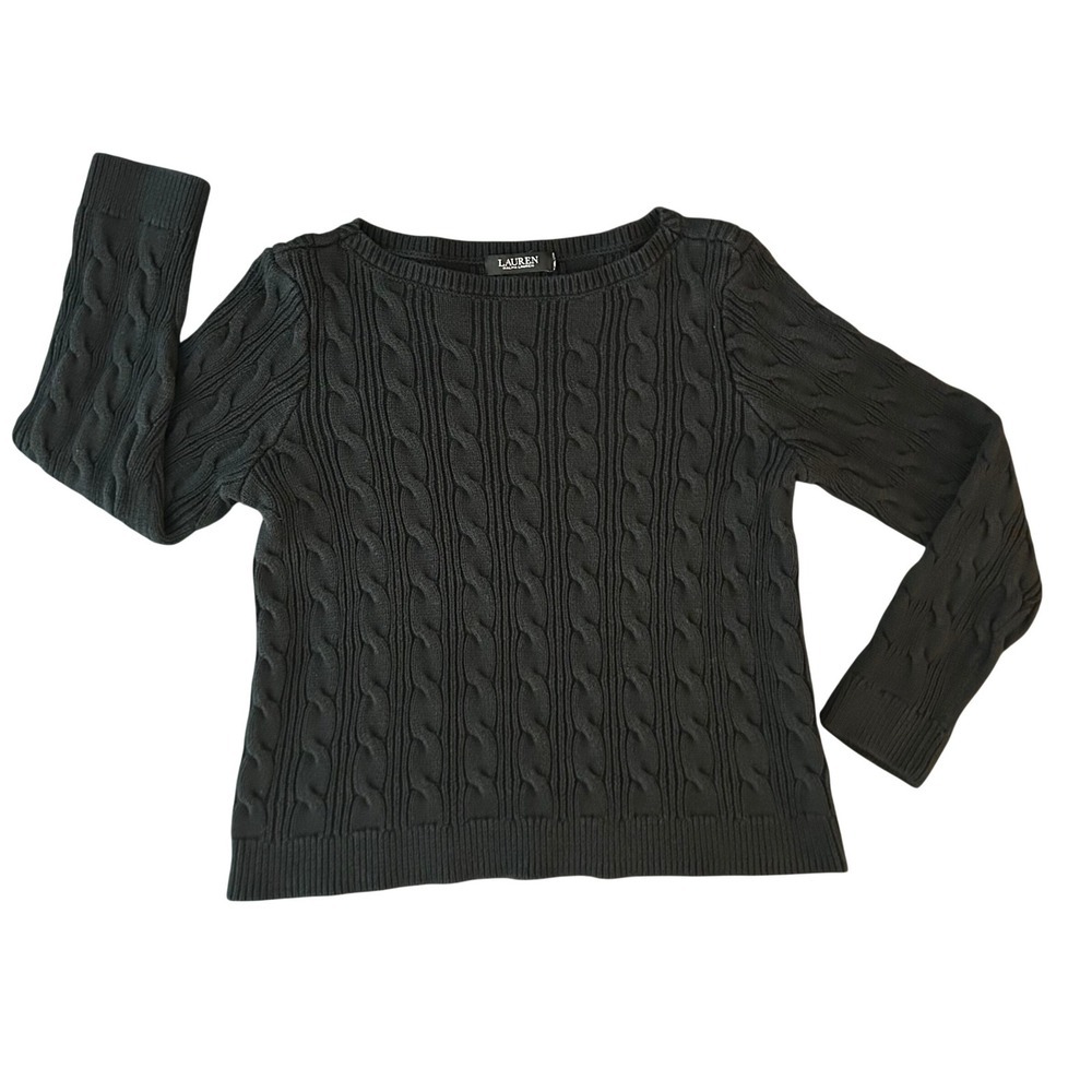 Lauren Ralph Lauren Black Cable Knit Cotton Boat Neck Sweater Small (1312)